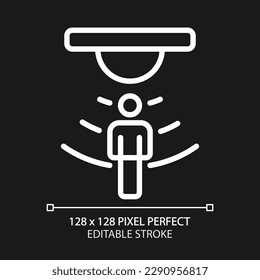 Motion sensor pixel perfect white linear icon for dark theme. Motion detection. Smart home device. Security system. Thin line illustration. Isolated symbol for night mode. Editable stroke