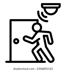 Motion sensor with walking man near door line icon, smart home symbol, guard motion detection vector sign on white background, thief alarm device outline style. Vector graphics.