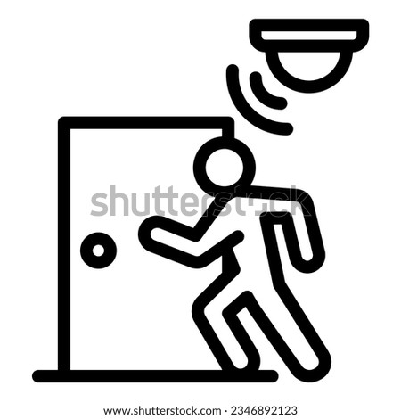 Motion sensor with walking man near door line icon, smart home symbol, guard motion detection vector sign on white background, thief alarm device outline style. Vector graphics.