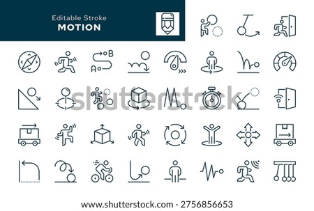 Motion. Set of outline icons. Movement, move, swing, rotary, rotation, bounce, active, speed, dynamic, position, acceleration and more. Line icon in linear style. Vector collection	