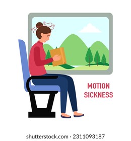 Motion sickness concept vector illustration. Woman vomit on train or bus in flat design.