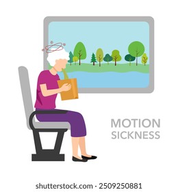 Ilustración vectorial de concepto de cinetosis. Vómito de mujer mayor en tren o autobús en diseño plano.
