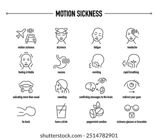 Síntomas de la enfermedad del movimiento, iconos vectoriales de diagnóstico y tratamiento. Línea de iconos médicos editables.