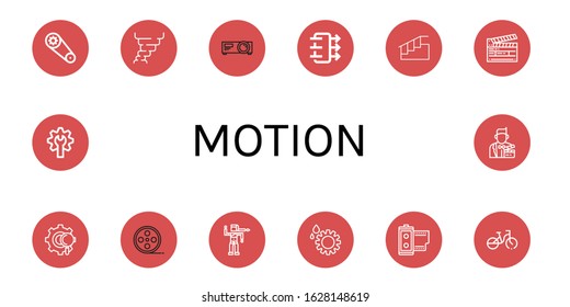 motion simple icons set. Contains such icons as Gear, Hurricane, Projector, Air quality, Stairs, Clapperboard, Film roll, Bollywood, Bicycle, can be used for web, mobile and logo