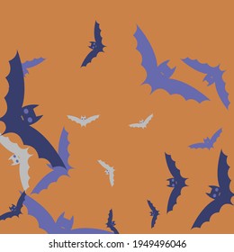 Motion Sky Grey Creepy Background. Scary Violet Gothic Chaos Halloween Art Illustration. Night Attack Colorful Purple Eyes Bats Vector Design Pic. Spooky Retro Orange Print Flying Bats Art Pattern.