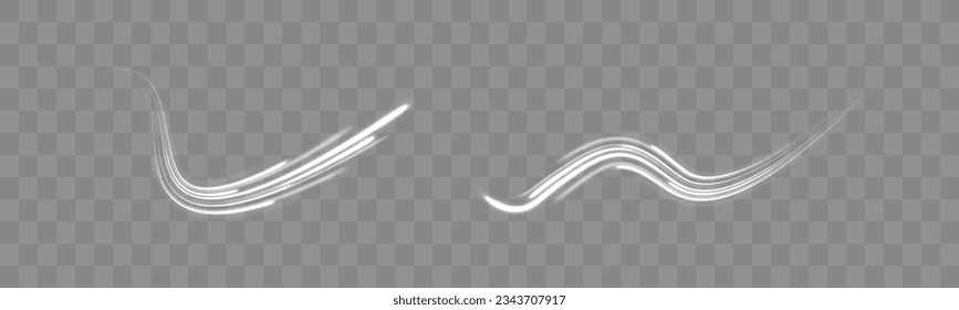 Velocidad de movimiento y desenfoque. Líneas de velocidad blancas brillantes. Magia vial de mover líneas rápidas. Rayos dinámicos. Ola de trazo claro, línea de traza de trazado de fuego y giro de curva de efecto. Efecto vector de movimiento neón. 
