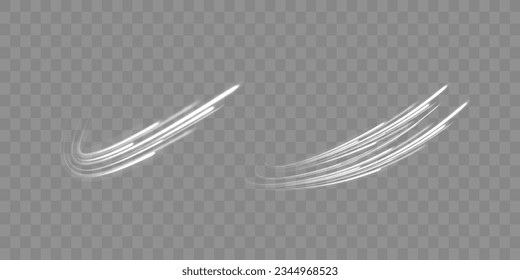 Motion speed and blur. Glowing white speed lines. Road magic of moving fast lines. Dynamic rays. Light trail wave, fire path trace line and effect curve twirl. Neon motion vector effect. 