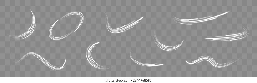 Motion speed and blur. Glowing white speed lines. Road magic of moving fast lines. Dynamic rays. Light trail wave, fire path trace line and effect curve twirl. Neon motion vector effect. 