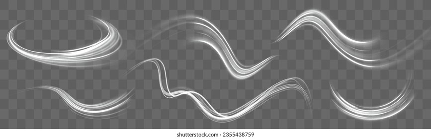 Motion speed and blur. Road magic of moving fast lines. Luminous white neon line of speed. Bright spiral. Light trail wave png effect, fire path trace line, curve twirl. Vector illustration.