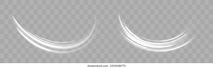 Motion speed and blur. Road magic of moving fast lines. Luminous white neon line of speed. Bright spiral. Light trail wave png effect, fire path trace line, curve twirl. Vector illustration.