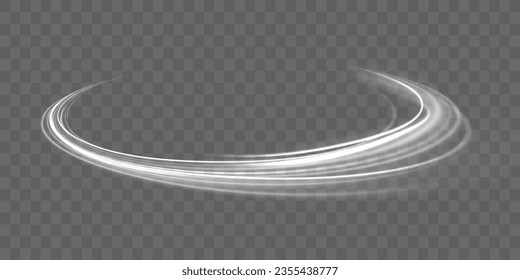 Motion speed and blur. Road magic of moving fast lines. Luminous white neon line of speed. Bright spiral. Light trail wave png effect, fire path trace line, curve twirl. Vector illustration.