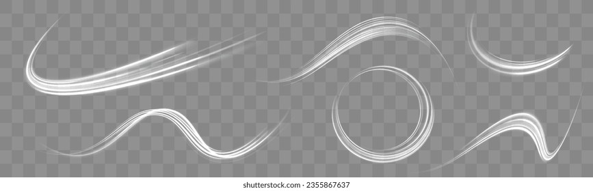 Motion speed and blur. Road magic of moving fast lines. Luminous white neon line of speed. Bright spiral. Light trail wave png effect, fire path trace line, curve twirl. Vector illustration.