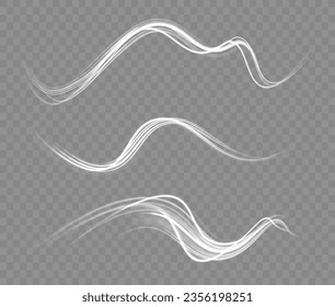 Motion speed and blur. Road magic of moving fast lines. Luminous white neon line of speed. Bright spiral. Light trail wave png effect, fire path trace line, curve twirl. Vector illustration.