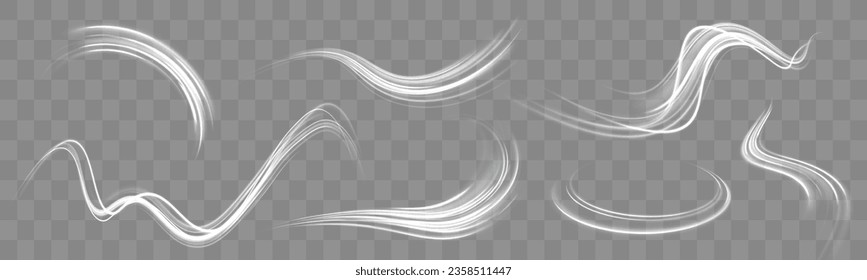 Motion speed and blur. Road magic of moving fast lines. Luminous white neon line of speed. Bright spiral. Light trail wave png effect, fire path trace line, curve twirl. Vector illustration.