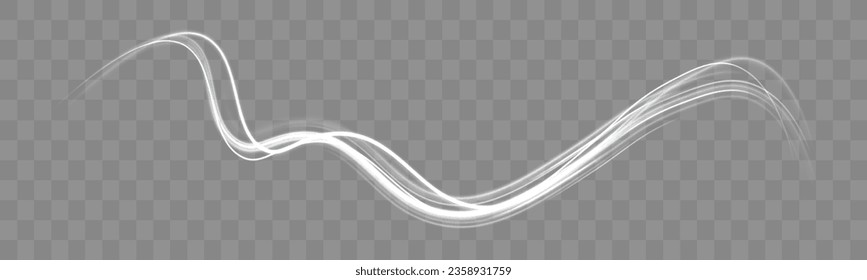 Velocidad de movimiento y desenfoque. Magia vial de mover líneas rápidas. Luminosa línea de velocidad de neón blanco. Espiral brillante. Efecto de onda de trazo claro, línea de traza de recorrido de fuego, giro de curva. Ilustración vectorial.