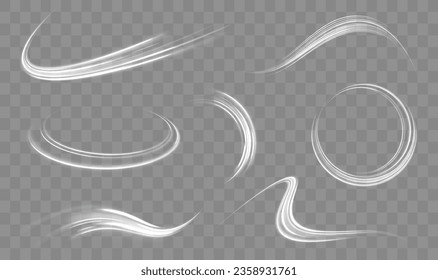 Motion speed and blur. Road magic of moving fast lines. Luminous white neon line of speed. Bright spiral. Light trail wave png effect, fire path trace line, curve twirl. Vector illustration.