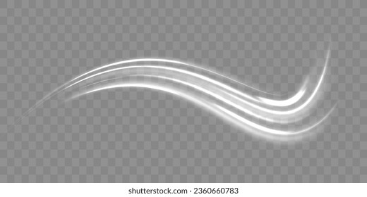 Motion speed and blur. Road magic of moving fast lines. Luminous white neon line of speed. Bright spiral. Light trail wave png effect, fire path trace line, curve twirl. Vector illustration.