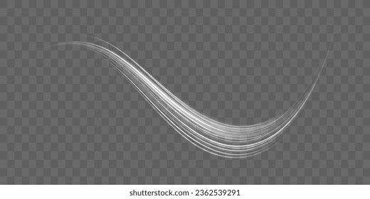 Motion speed and blur. Road magic of moving fast lines. Luminous white neon line of speed. Bright spiral. Light trail wave png effect, fire path trace line, curve twirl. Vector illustration.