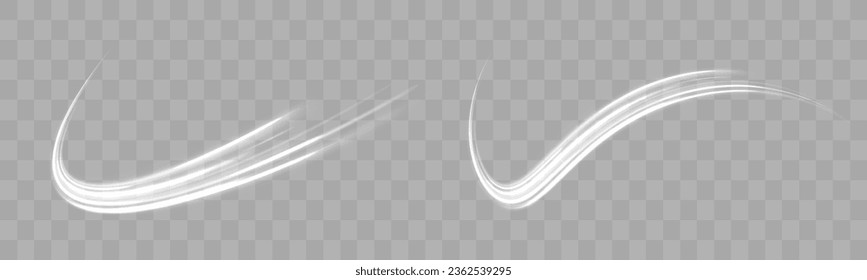 Motion speed and blur. Road magic of moving fast lines. Luminous white neon line of speed. Bright spiral. Light trail wave png effect, fire path trace line, curve twirl. Vector illustration.