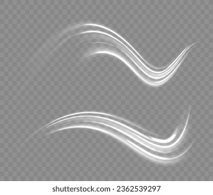 Velocidad de movimiento y desenfoque. Magia vial de mover líneas rápidas. Luminosa línea de velocidad de neón blanco. Espiral brillante. Efecto de onda de trazo claro, línea de traza de recorrido de fuego, giro de curva. Ilustración vectorial.