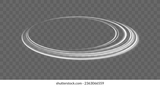 Motion speed and blur. Road magic of moving fast lines. Luminous white neon line of speed. Bright spiral. Light trail wave png effect, fire path trace line, curve twirl. Vector illustration.