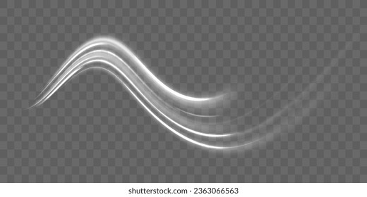 Motion speed and blur. Road magic of moving fast lines. Luminous white neon line of speed. Bright spiral. Light trail wave png effect, fire path trace line, curve twirl. Vector illustration.