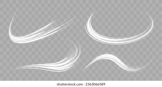 Motion speed and blur. Road magic of moving fast lines. Luminous white neon line of speed. Bright spiral. Light trail wave png effect, fire path trace line, curve twirl. Vector illustration.