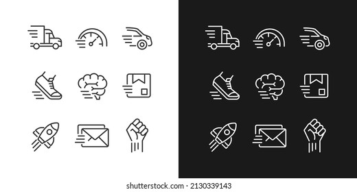 Motion and speed pixel perfect linear icons set for dark, light mode. Fast motor vehicle. Parcel and letter delivery. Thin line symbols for night, day theme. Isolated illustrations. Editable stroke