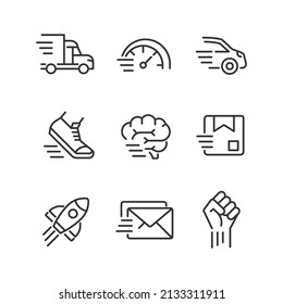 Motion and speed pixel perfect linear icons set. Fast motor vehicle. Parcel and letter delivery. Customizable thin line symbols. Isolated vector outline illustrations. Editable stroke