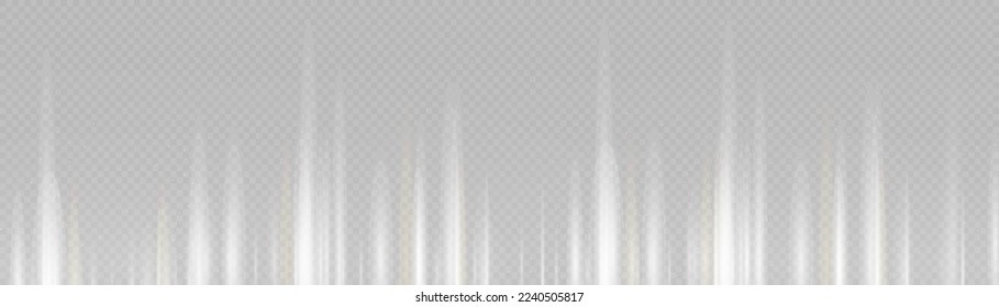 Velocidad de movimiento líneas verticales blancas sobre fondo transparente. Fondo abstracto de línea brillante. Elementos de luz de neón que se desvanecen de plata. Patrón abstracto futurista. Plantilla de tecnología simple, vector 