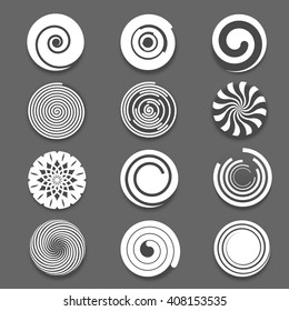 Motion spiral or swirl vector icons. Spinning white spiral and twist spiral signs, white spiral elements