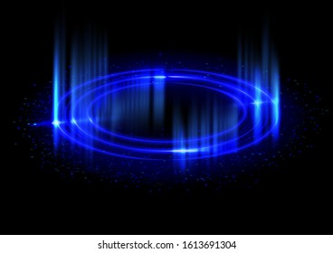 Motion swirl. Glowing circle. Rotating blue bright spiral with sparkles. Glow podium. Digital technology Lens flare. Vector Abstract background.