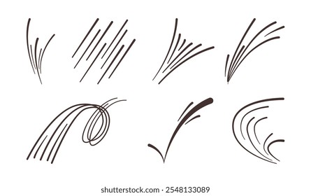 Motion trails of soccer ball, isolated curved and straight lines. Vector collection of powerful burst of energy that spinning rapidly. Football fly actions effect, icons of speed strokes