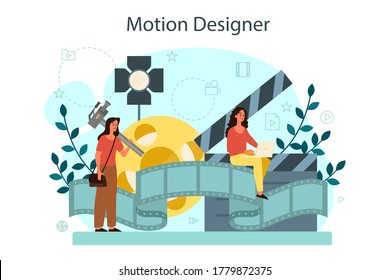 Motion or video designer. Artist create computer animation for multimedia project. Digital technology for website and advertising. Animation editor, cartoon production. Isolated vector illustration