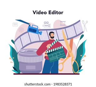 Motion or video designer. Artist create computer animation for multimedia project. Digital technology for website and advertising. Animation editor, cartoon production. Vector illustration