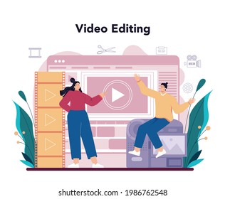 Motion or video designer. Artist create computer animation for multimedia project. Digital technology for website and advertising. Animation editor, cartoon production. Vector illustration