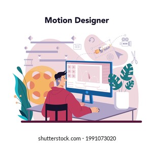 Motion or video designer. Artist create computer animation for multimedia project. Digital technology for website and advertising. Animation editor, cartoon production. Vector illustration