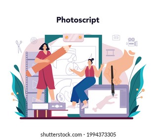 Motion or video designer. Artist create computer animation for multimedia project. Digital technology for website and advertising. Animation editor, cartoon production. Vector illustration