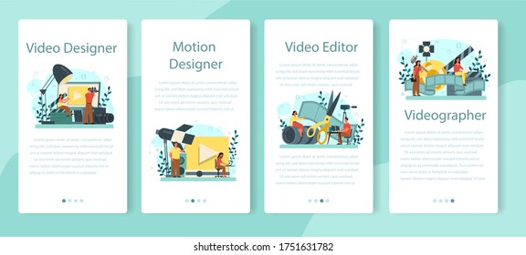 Motion or video designer mobile application banner set. Artist create computer animation for multimedia project. Animation editor, cartoon production. Vector illustration