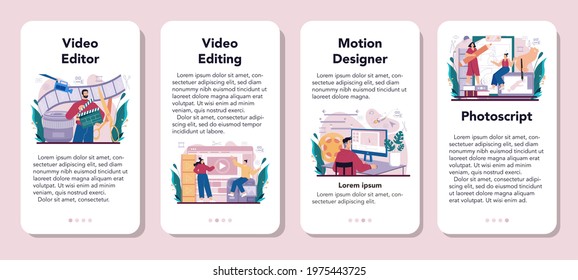 Motion or video designer mobile application banner set. Artist create computer animation for multimedia project. Animation editor, cartoon production. Vector illustration