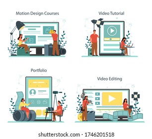 Motion or video designer online service or platform set. Animation editor, cartoon production. Online video editing, portfoliio, course, tutorial. Vector illustration