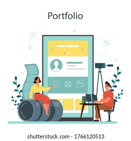 Motion Or Video Designer Online Service Or Platform. Animation Editor, Cartoon Production. Online Portfoliio. Vector Illustration