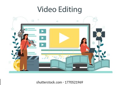 Motion Or Video Designer Online Service Or Platform. Animation Editor, Cartoon Production. Online Video Editing. Vector Illustration