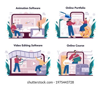 Motion Or Video Designer Online Service Or Platform Set. Artist Create Computer Animation For Multimedia Project. Online Animation And Video Editing Software, Portfolio, Course. Vector Illustration