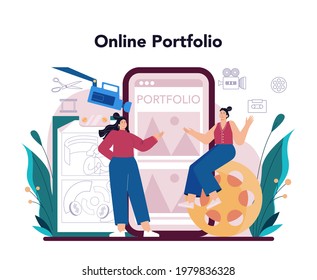 Motion or video designer online service or platform. Artist create computer animation for multimedia project. Online portfolio. Vector illustration