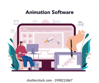 Motion or video designer online service or platform. Artist create computer animation for multimedia project. Online animation software. Vector illustration