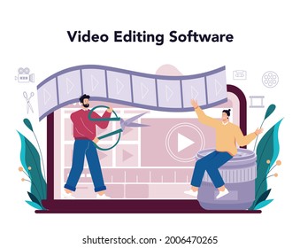 Motion Or Video Designer Online Service Or Platform. Artist Create Computer Animation For Multimedia Project. Online Video Editing Software. Vector Illustration