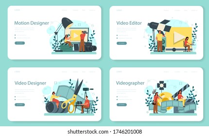 Motion or video designer web banner or landing page set. Artist create computer animation for multimedia project. Animation editor, cartoon production. Vector illustration