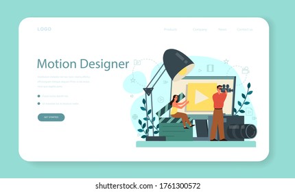 Motion or video designer web banner or landing page. Artist create computer animation for multimedia project. Animation editor, cartoon production. Vector illustration