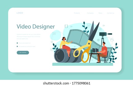 Motion or video designer web banner or landing page. Artist create computer animation for multimedia project. Animation editor, cartoon production. Vector illustration